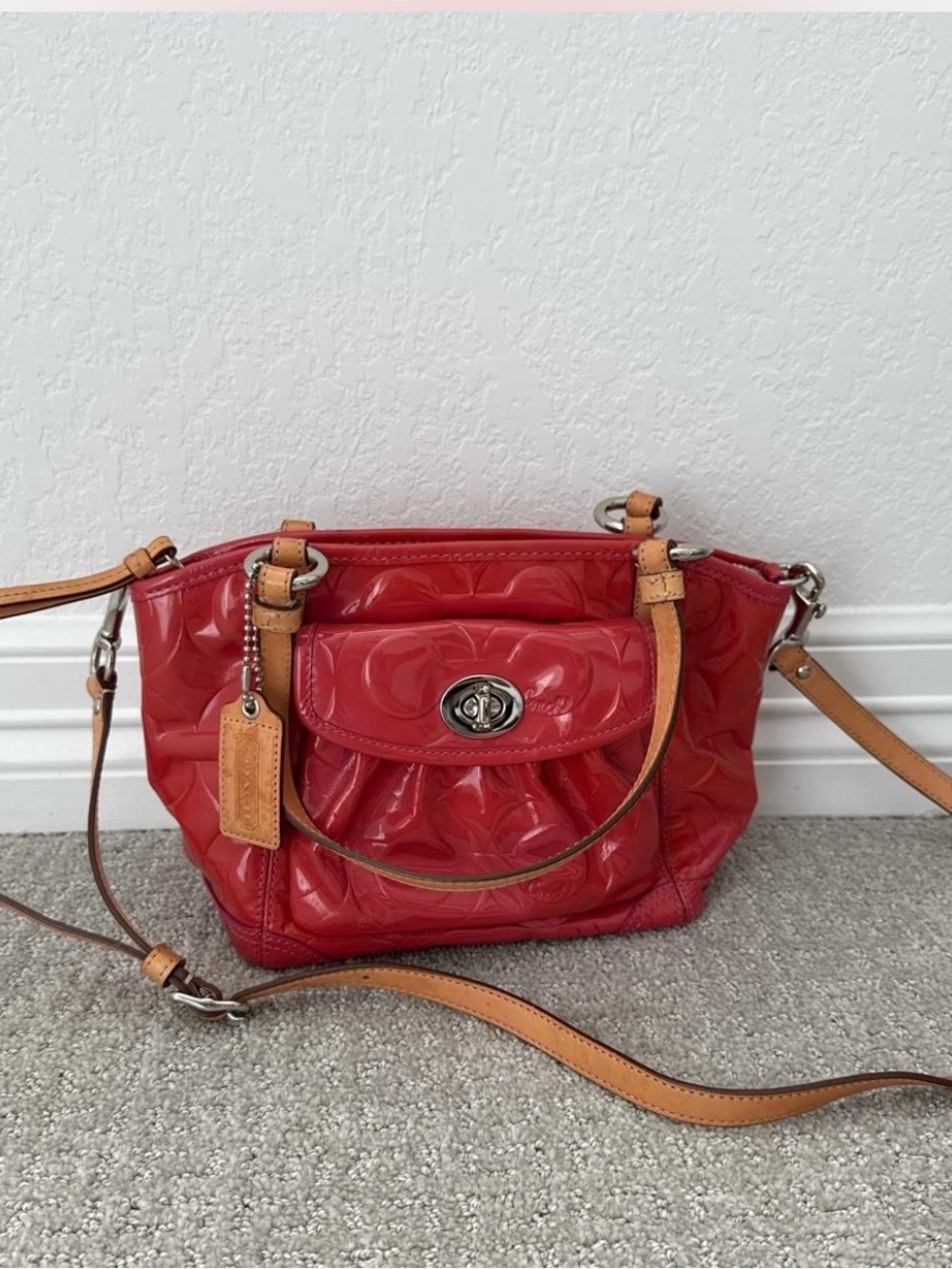 Coach Glossy Red Patent Shoulder Bag with Tan Leather Trim